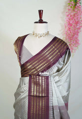 Silver Grey - Sico Gadwal Semi Silk Stripes with Traditional Border - Best for Small Functions