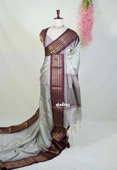 Silver Grey - Sico Gadwal Semi Silk Stripes with Traditional Border - Best for Small Functions