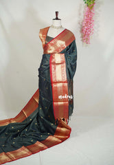 Midnight Green - Sico Gadwal Semi Silk Checks with Buttas and Traditonal  Border - Best for Pooja Functions | Temple Visit