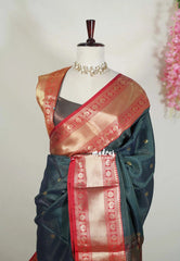 Midnight Green - Sico Gadwal Semi Silk Checks with Buttas and Traditonal  Border - Best for Pooja Functions | Temple Visit