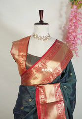 Midnight Green - Sico Gadwal Semi Silk Checks with Buttas and Traditonal  Border - Best for Pooja Functions | Temple Visit