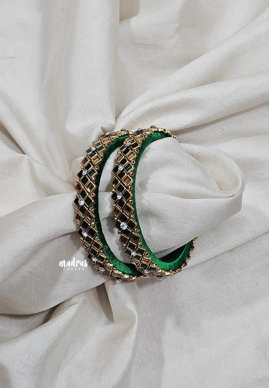 Silk Thread Kundan Bangles – Green & White Stone (Size 2.6)