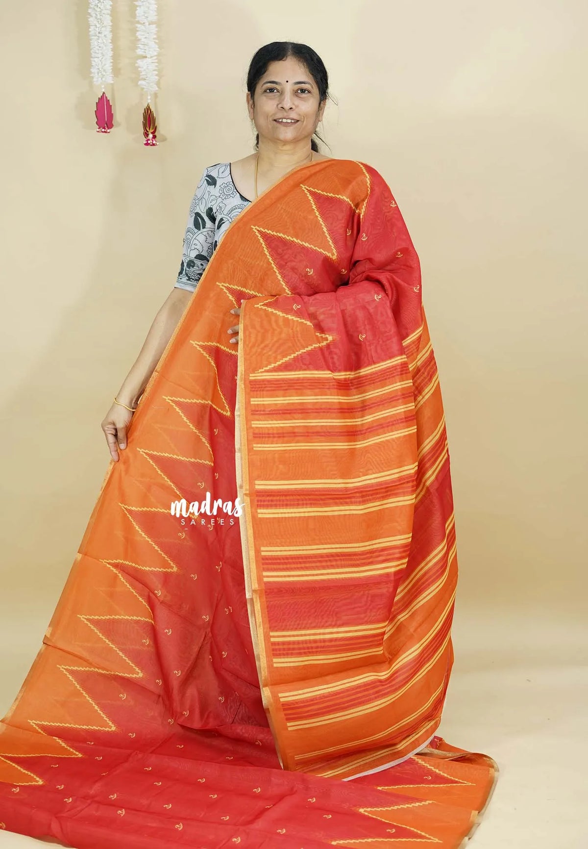 Red - Silk Linen saree with Temple Border