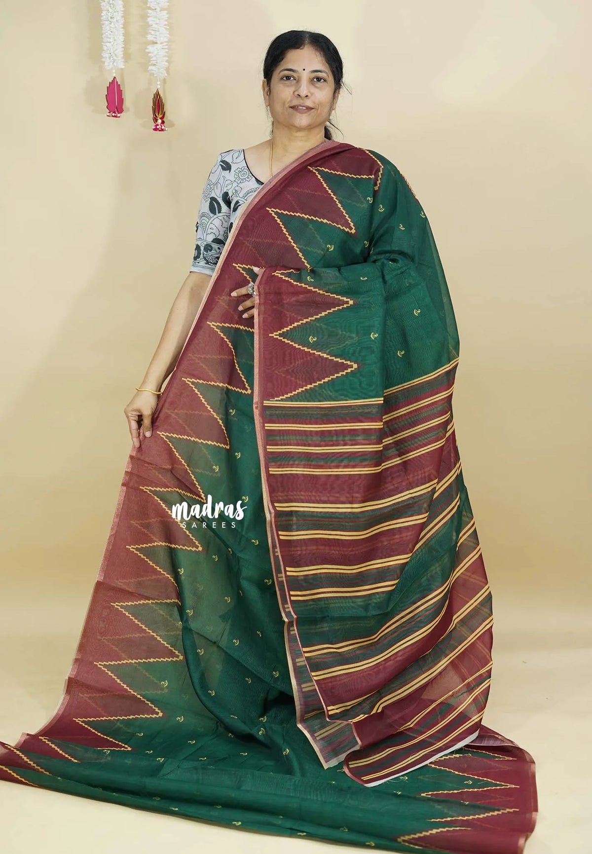 Dark Green - Silk Linen saree with Temple Border