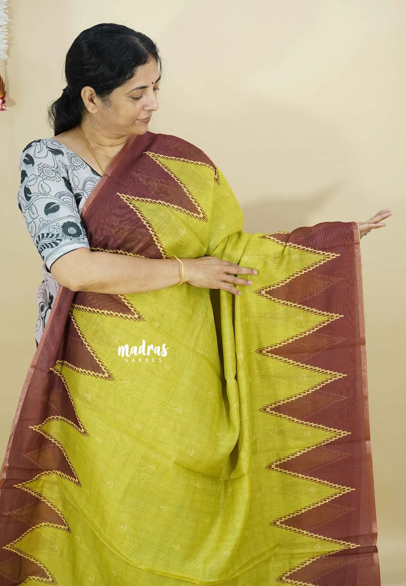 Greenish yellow - Silk Linen saree Floral Prints with Temple Border