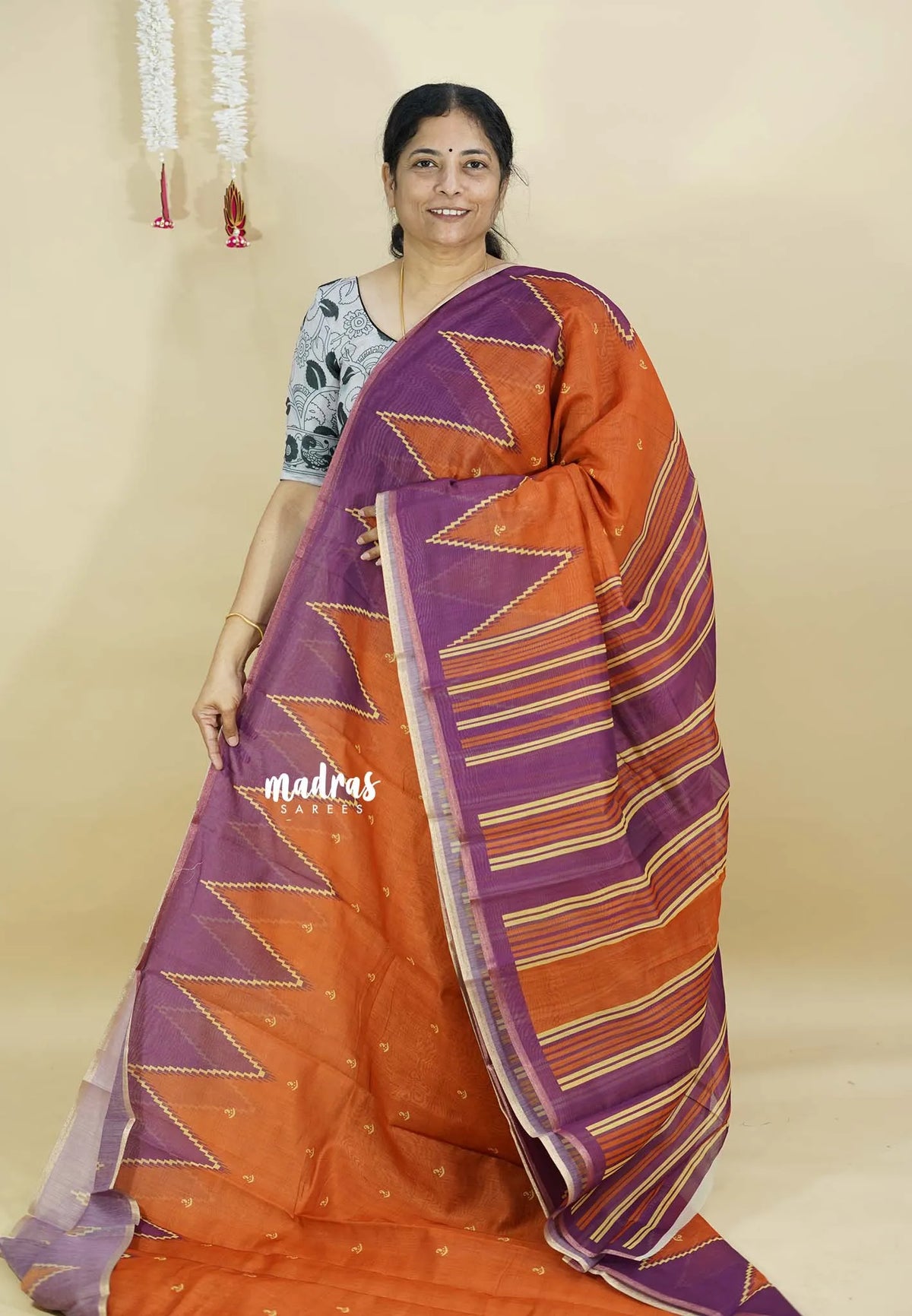 Warm Rust Orange - Silk Linen saree  with Temple Border