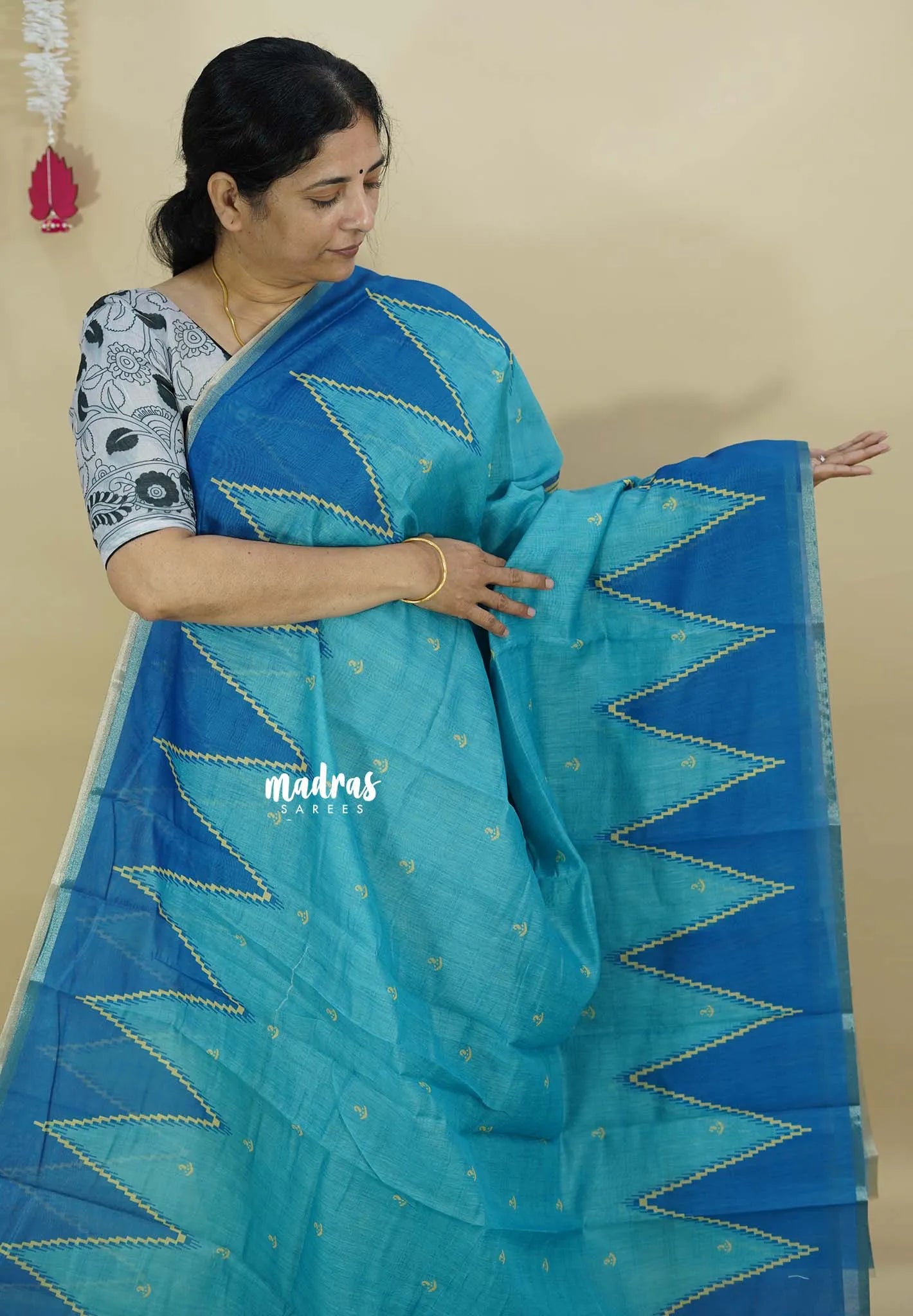 Sky Blue - Silk Linen saree  with Temple Border