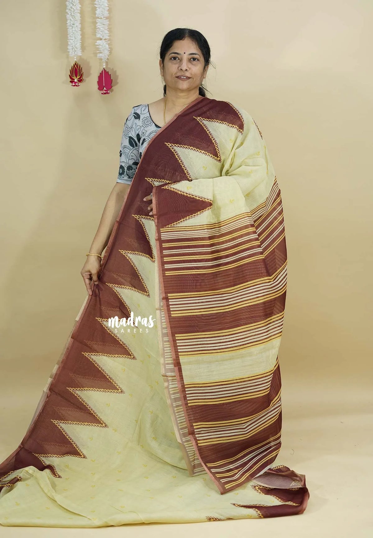 Beige - Silk Linen saree with Temple Border