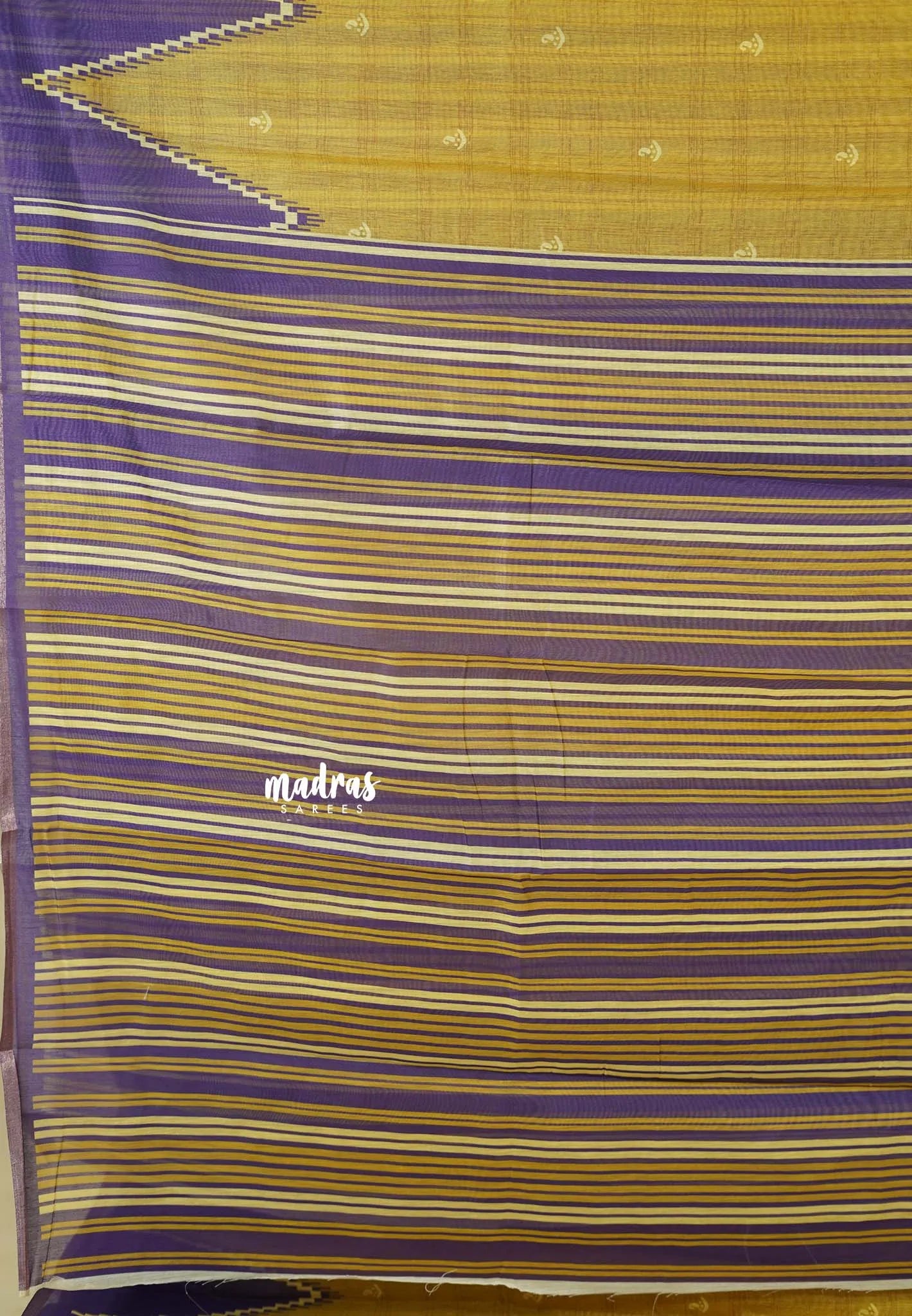 Turmeric Yellow - Silk Linen saree Floral Prints with Temple Border