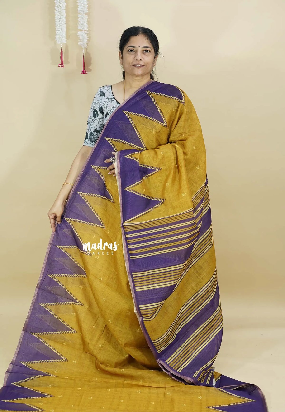 Turmeric Yellow - Silk Linen saree Floral Prints with Temple Border