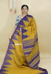 Turmeric Yellow - Silk Linen saree Floral Prints with Temple Border