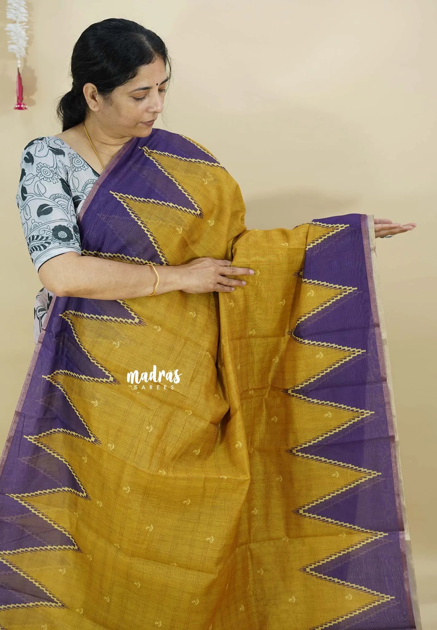Turmeric Yellow - Silk Linen saree Floral Prints with Temple Border