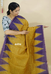 Turmeric Yellow - Silk Linen saree Floral Prints with Temple Border