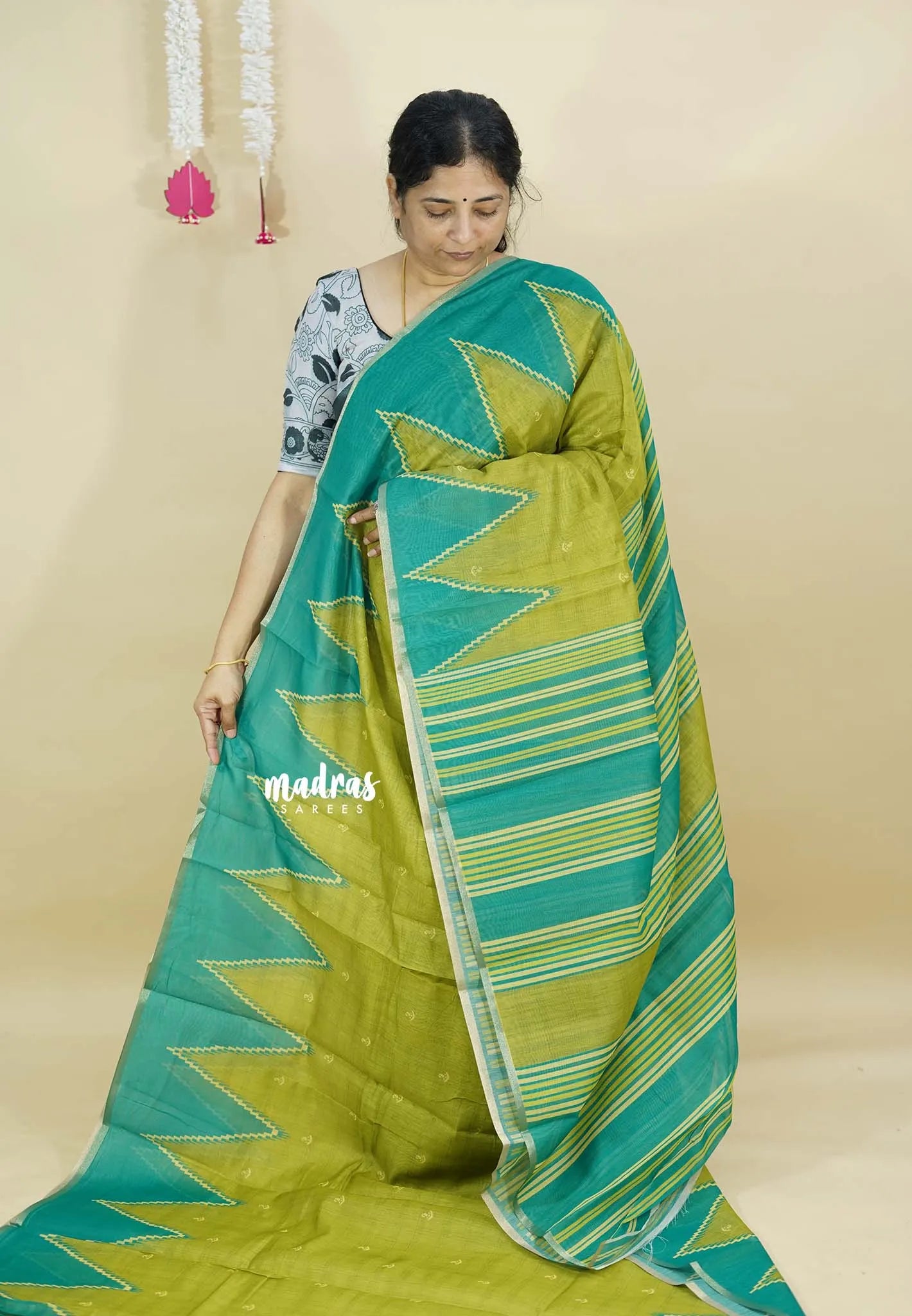 Mehendi Green - Silk Linen saree with Temple Border