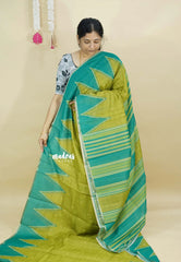 Mehendi Green - Silk Linen saree with Temple Border