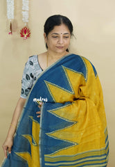 Golden Yellow - Silk Linen saree Floral Prints with Temple Border