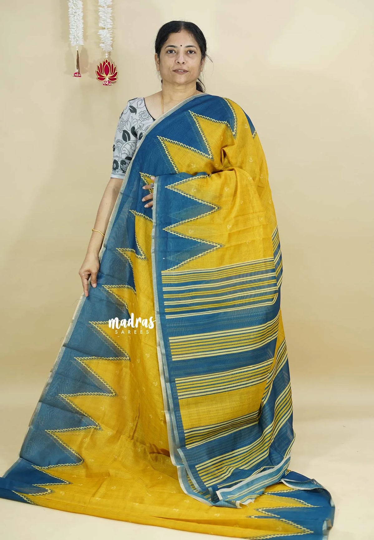 Golden Yellow - Silk Linen saree Floral Prints with Temple Border