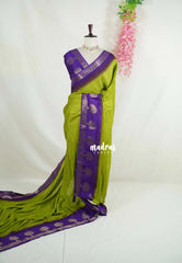 Pritty Parrot Green - Soft and Silky Georgette with Emboss Weaving with Tree Border - Best for Temple Visit
