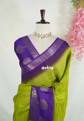 Pritty Parrot Green - Soft and Silky Georgette with Emboss Weaving with Tree Border - Best for Temple Visit