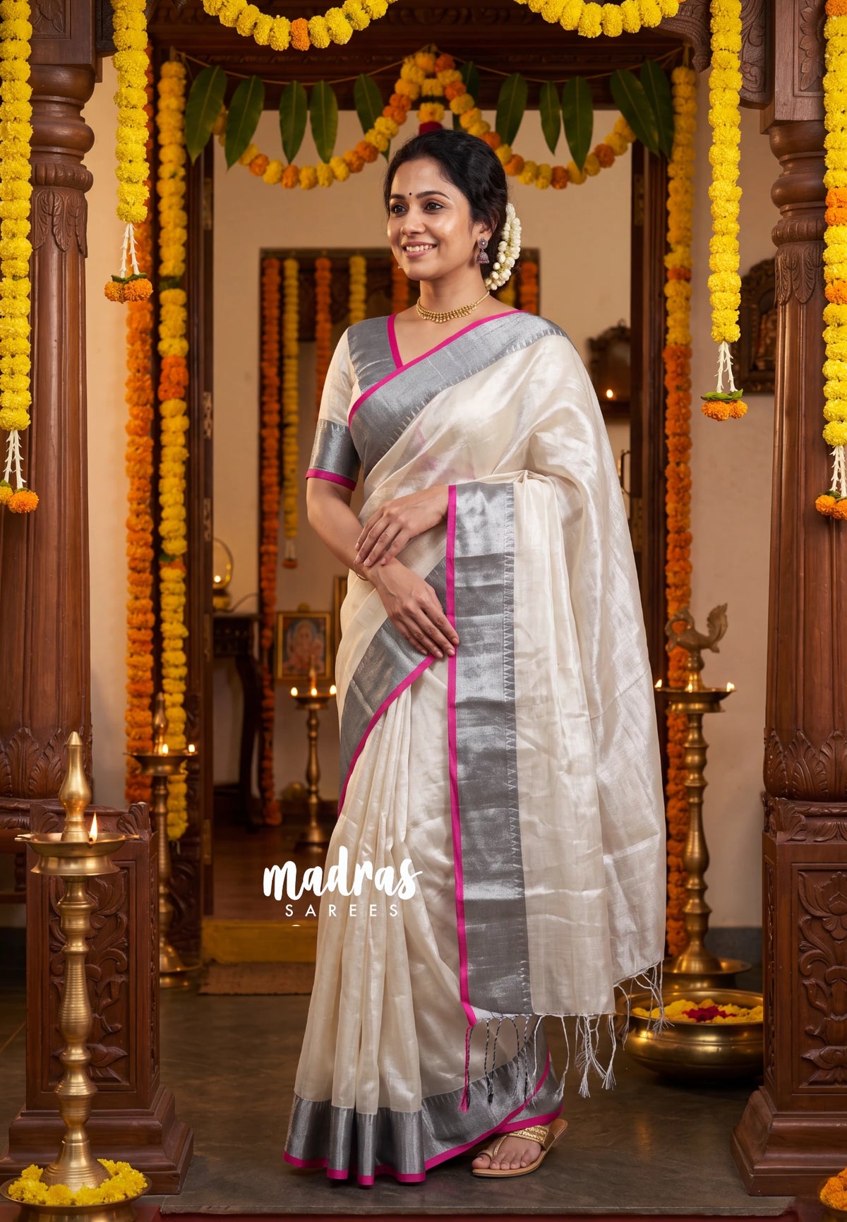 (PRE-BOOKING) Silver Ivory - Vani Bhojan - Soft Tissue khadi - Perfect for Haldi / Mehendi / Reception