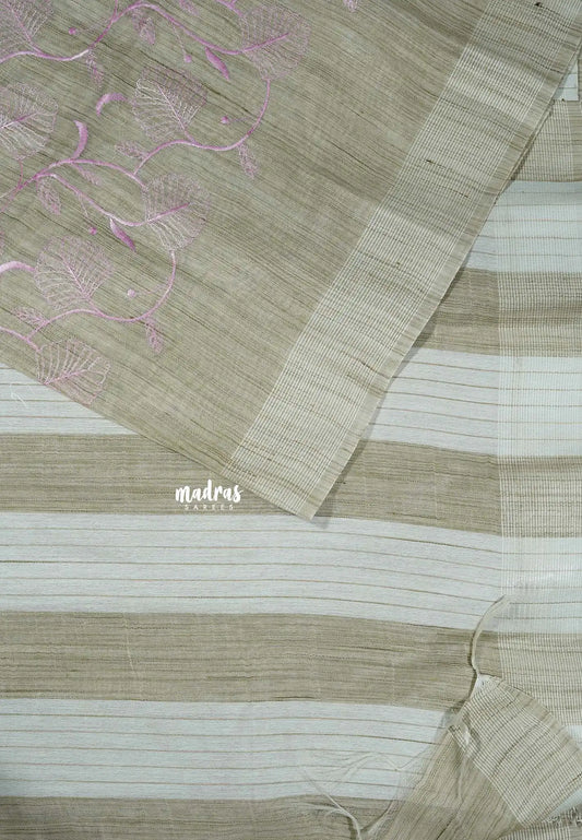 Jute beige - Sithara - Semi Tussar saree with full pink embroidery