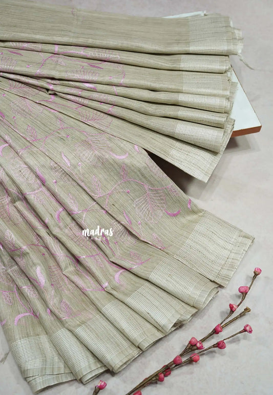 Jute beige - Sithara - Semi Tussar saree with full pink embroidery