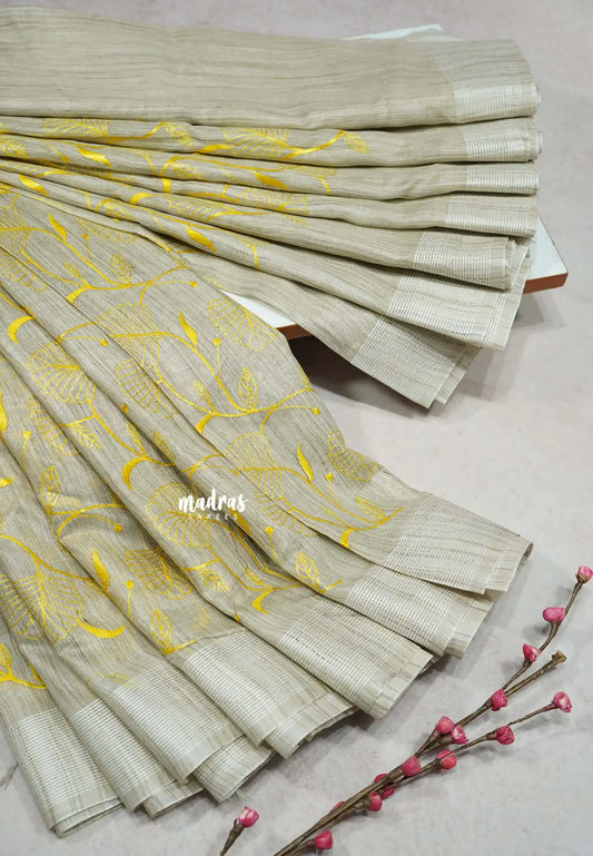 Jute beige - Sithara - Semi Tussar saree with full Yellow embroidery
