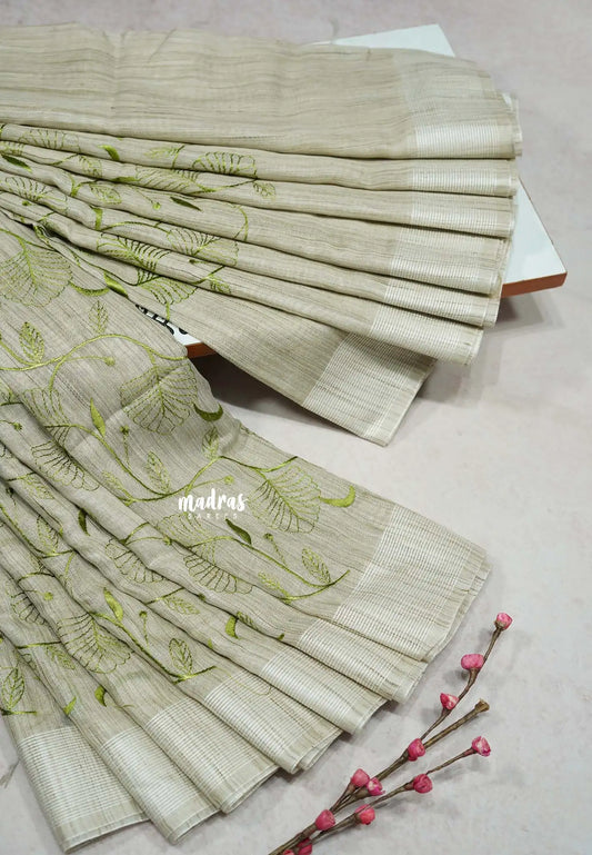Jute beige - Sithara - Semi Tussar saree with full Green embroidery