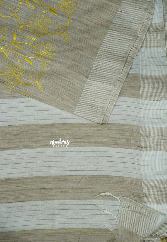 Jute beige - Sithara - Semi Tussar saree with full Yellow embroidery