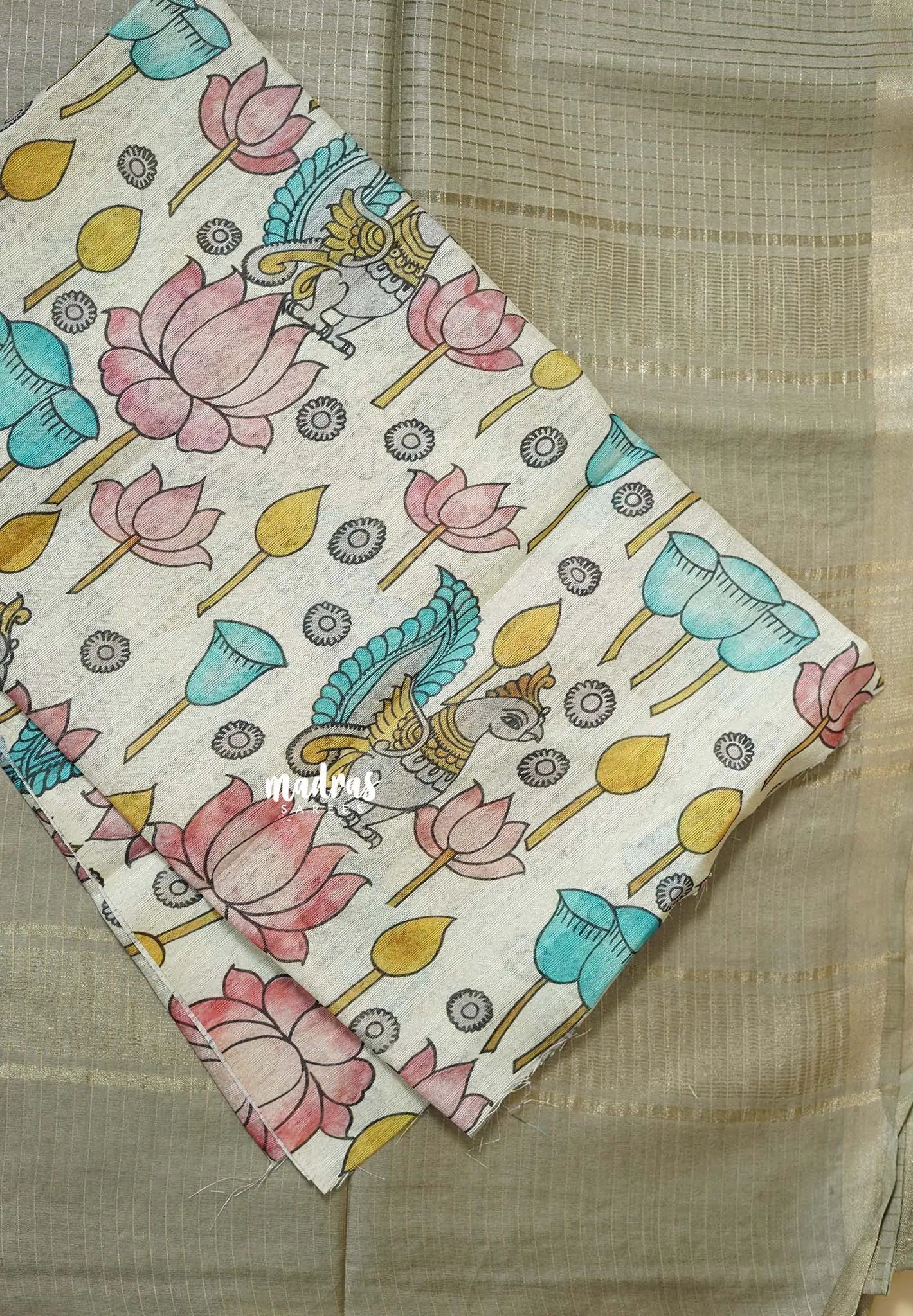 Pastel Grey - Sithara - Semi Tussar saree with kalamkari silk blouse
