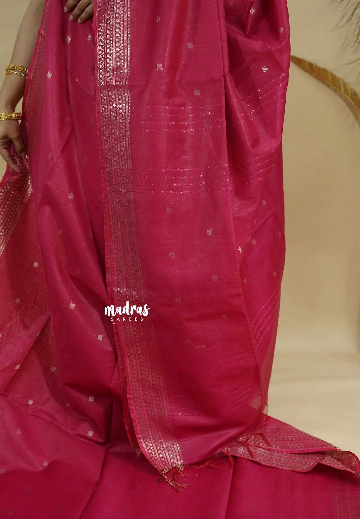 Queen's Pink - Sithara - Semi Tussar with buttas and Multi Border