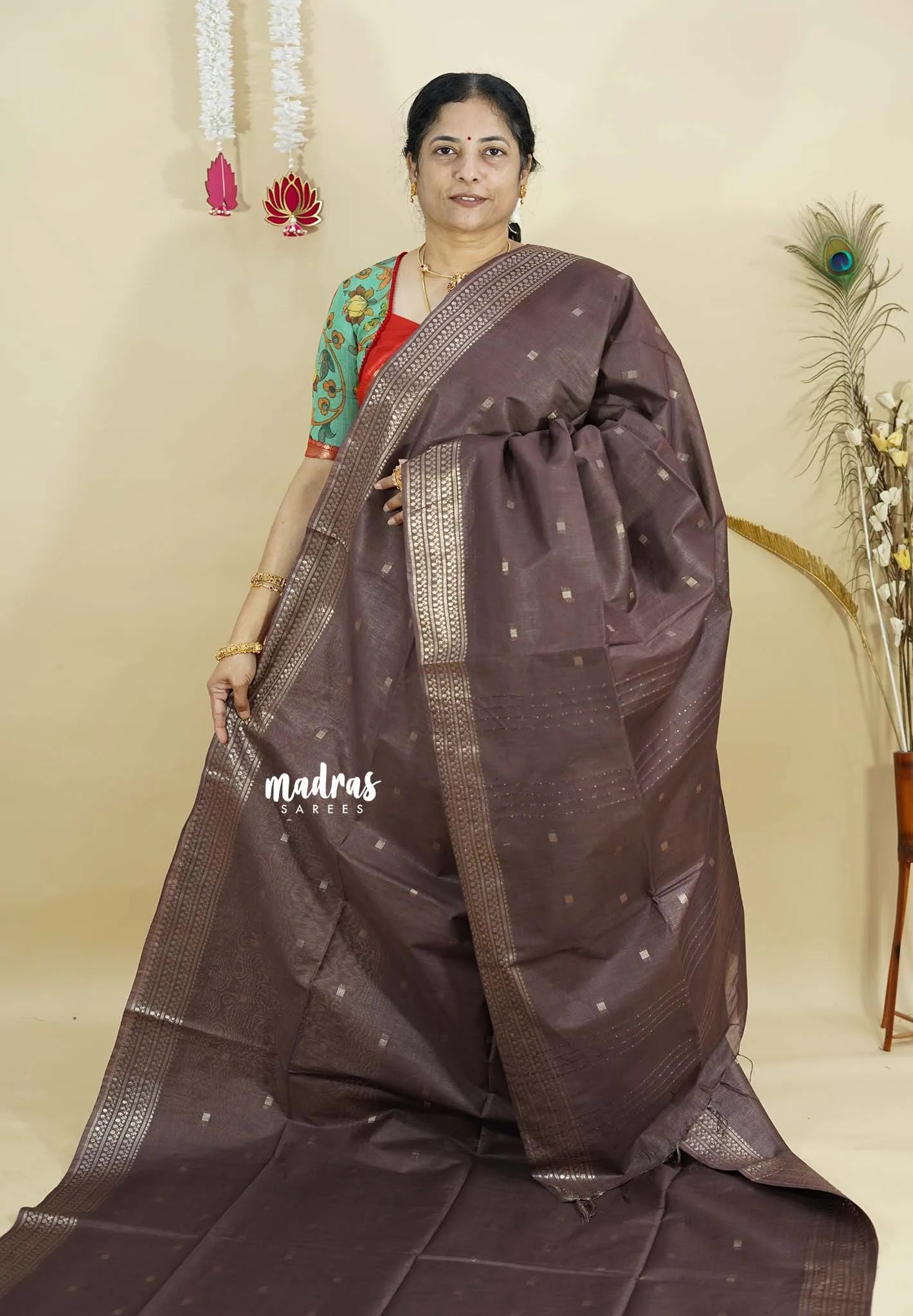 Chocolate Brown - Sithara - Semi Tussar with buttas and Multi Border