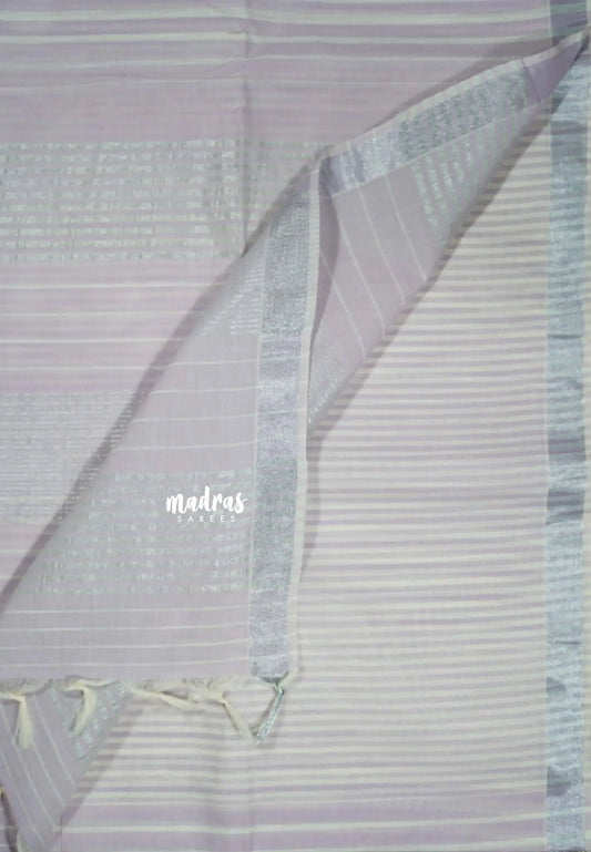 Pastel Lavender - Slub cotton Striped Saree with Silver Zari Border