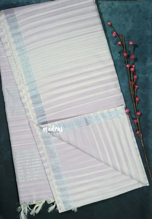 Pastel Lavender - Slub cotton Striped Saree with Silver Zari Border