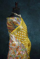 Mustard Yellow - Soft Linen cotton polka dots with kalamkari floral pallu and blouse