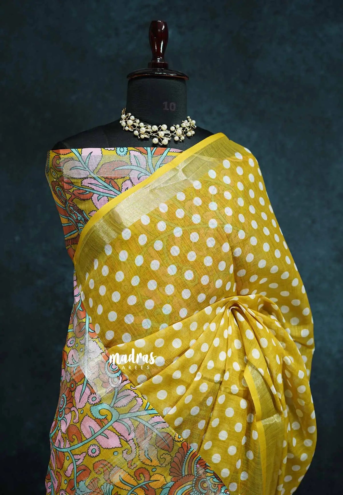 Mustard Yellow - Soft Linen cotton polka dots with kalamkari floral pallu and blouse