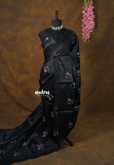 Shiny Black - Soft Butter Silk with Scallop Embroidery Border - Perfect for Small Functions