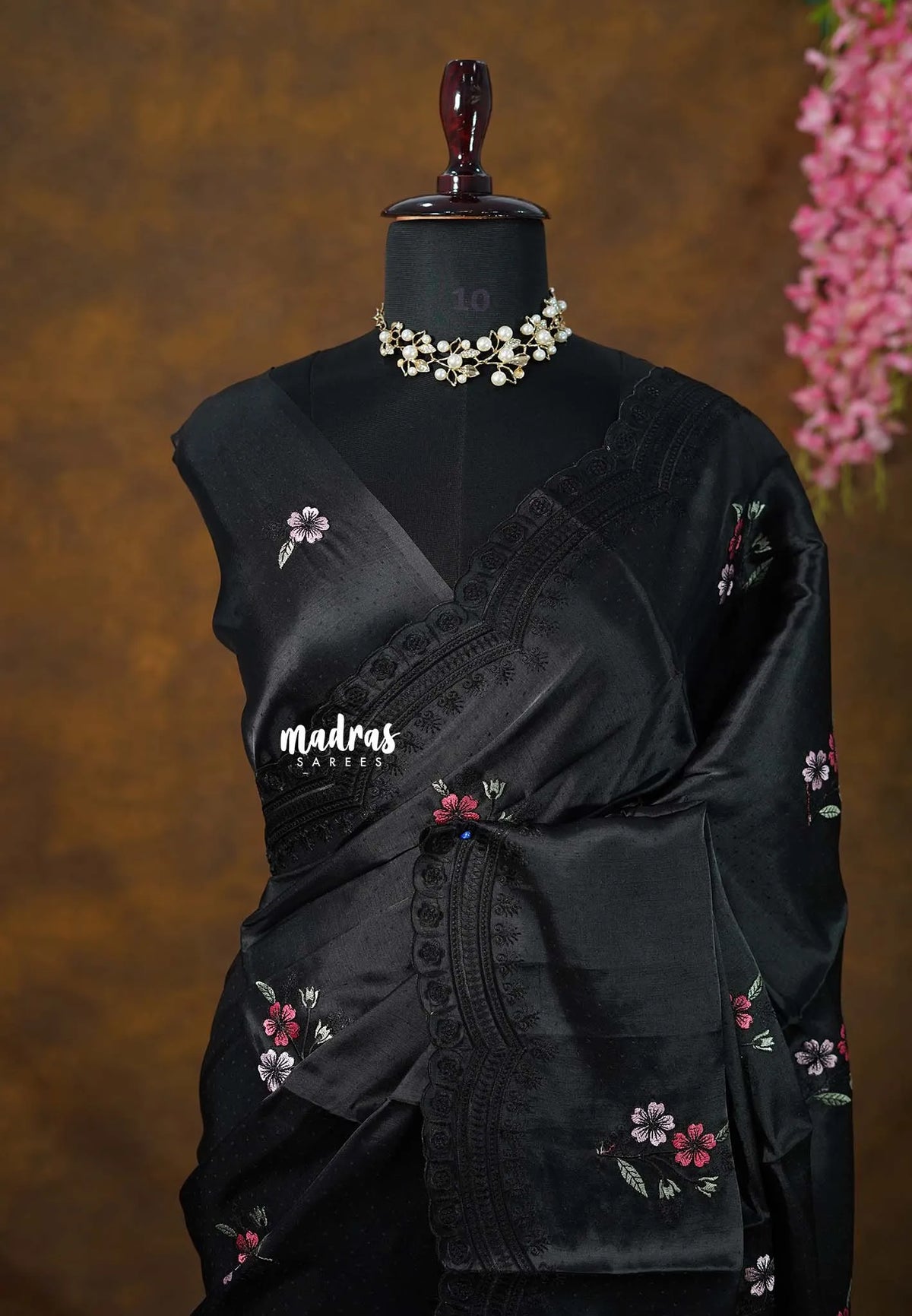 Shiny Black - Soft Butter Silk with Scallop Embroidery Border - Perfect for Small Functions