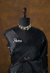 Shiny Black - Soft Butter Silk with Scallop Embroidery Border - Perfect for Small Functions