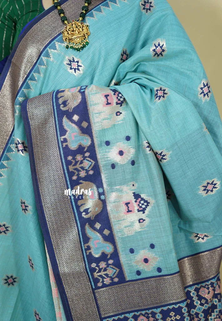 Sky Blue - Soft Muslin Silk with patola full weaving with zari border