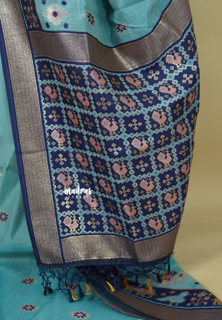Sky Blue - Soft Muslin Silk with patola full weaving with zari border