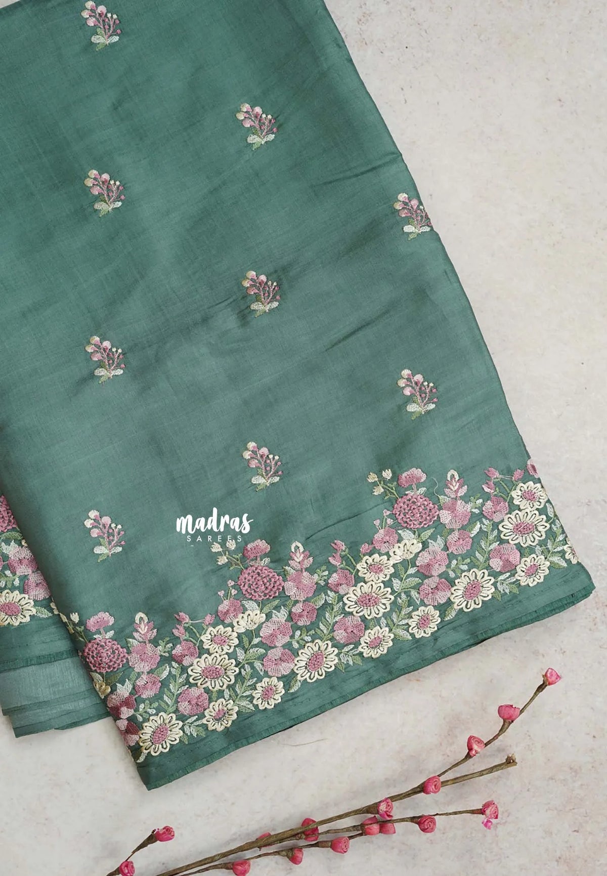Sage Symphony - Soft Muslin Silk with Floral Ebroidery