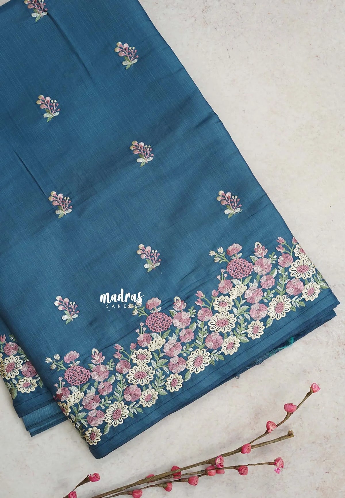 Teal Tranquil - Soft Muslin Silk with Floral Ebroidery