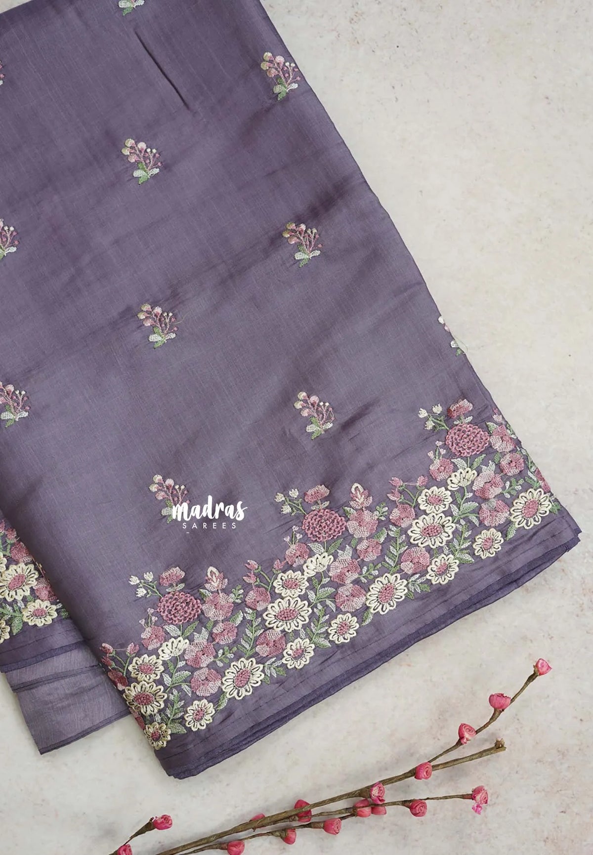 Moonlit Lavender - Soft Muslin Silk with Floral Ebroidery