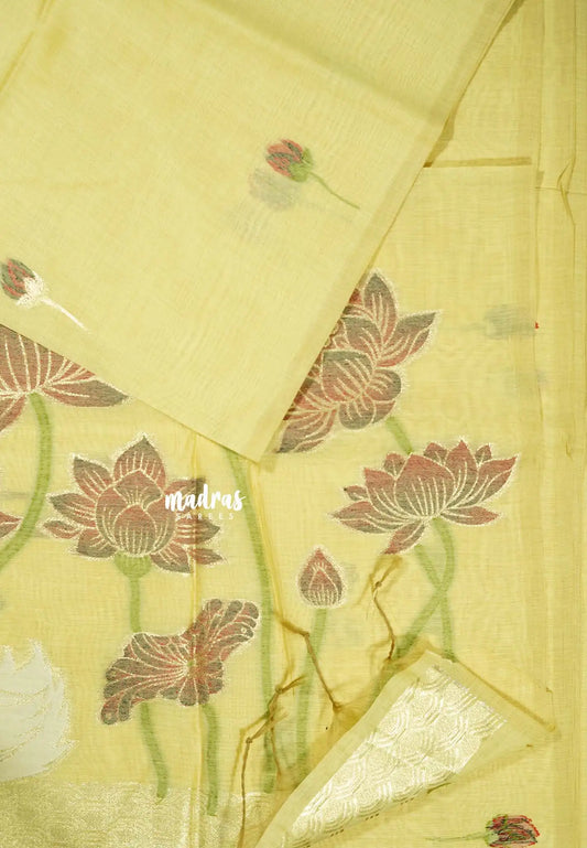 Gentle Yellow Charm - Soft Organza silk with pichwai lotus weaving saree