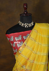 Mustard Yellow - Surabhi  - Soft Organza silk with stripes weaving with Double Blouse Combo - Best for Small Functions