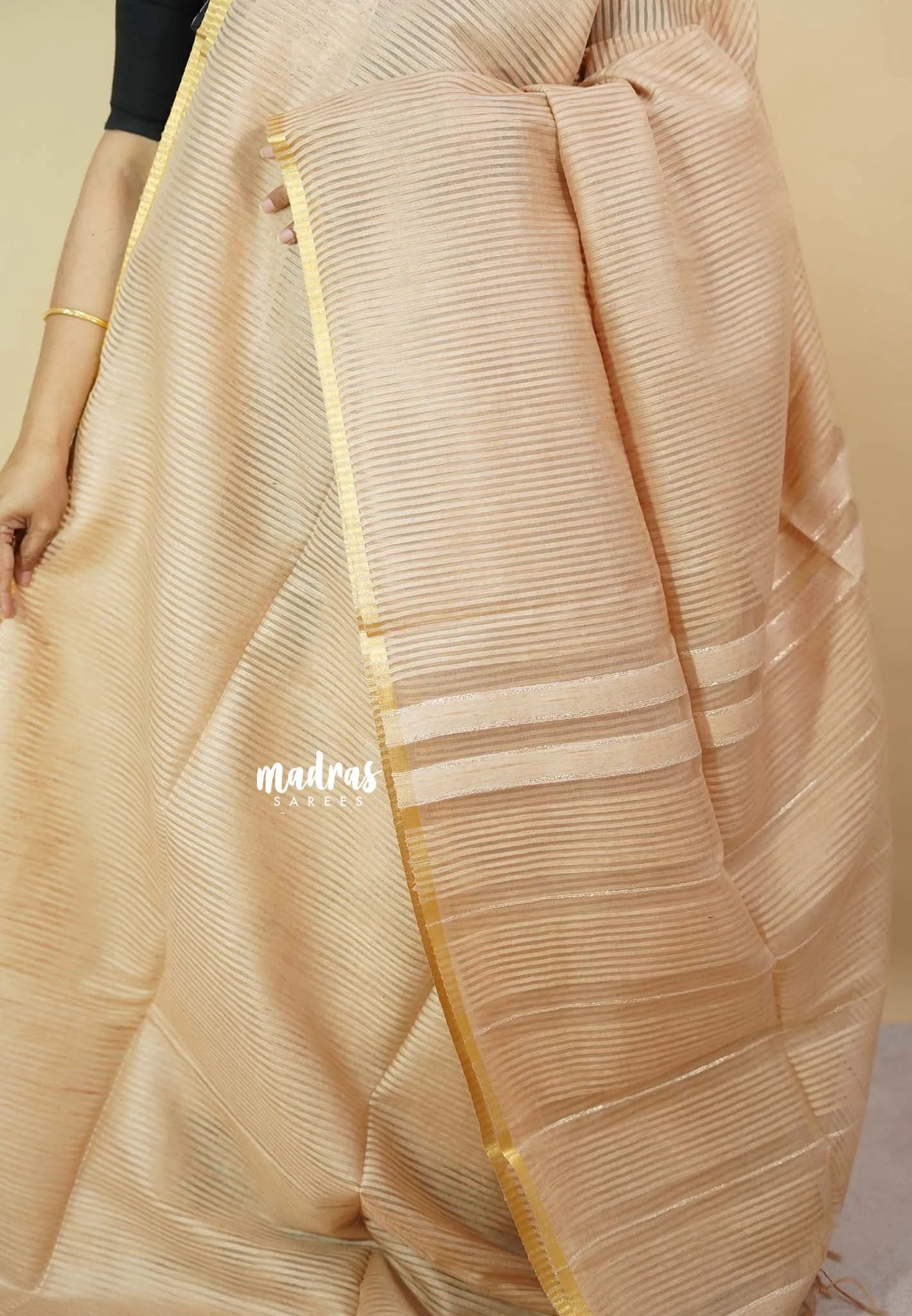 Light Coffee Brown - Soft Organza silk with stripes weaving with small zari border