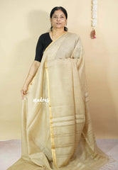 Sandal Beige - Soft Organza silk with stripes weaving with small zari border