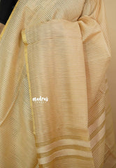 Golden Beige  - Soft Organza silk with stripes weaving with small zari border
