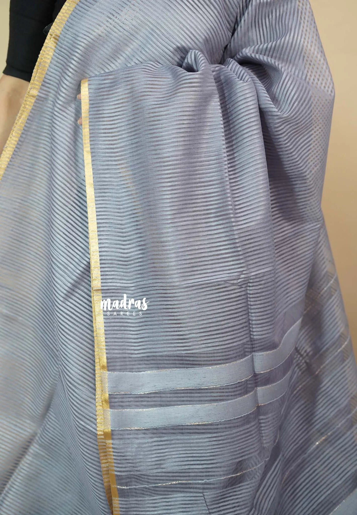 Grey  - Soft Organza silk with stripes weaving with small zari border